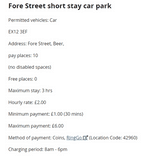 The tariff for Fore Street car park Beer